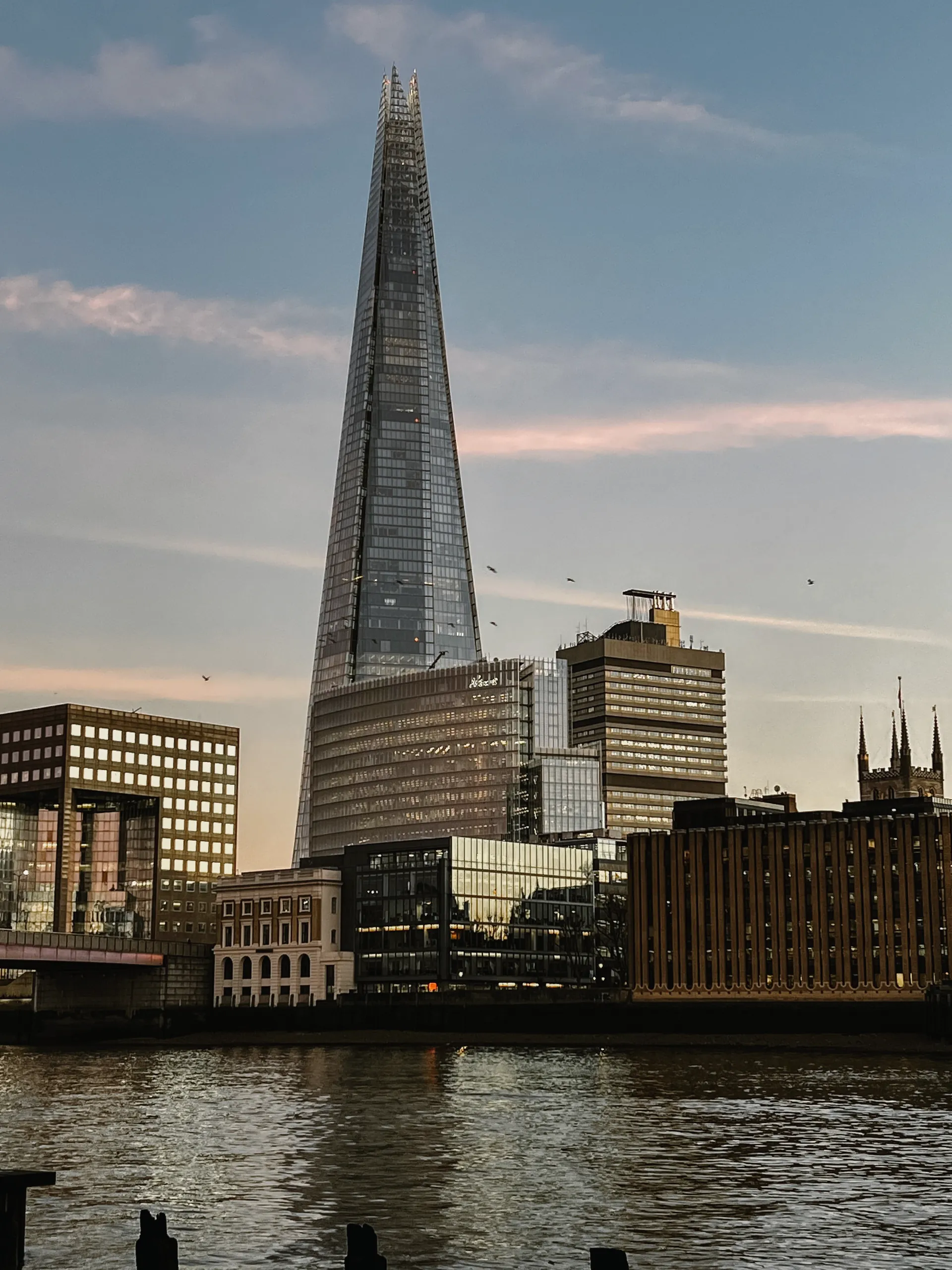 The Shard above the Thames at sunset.